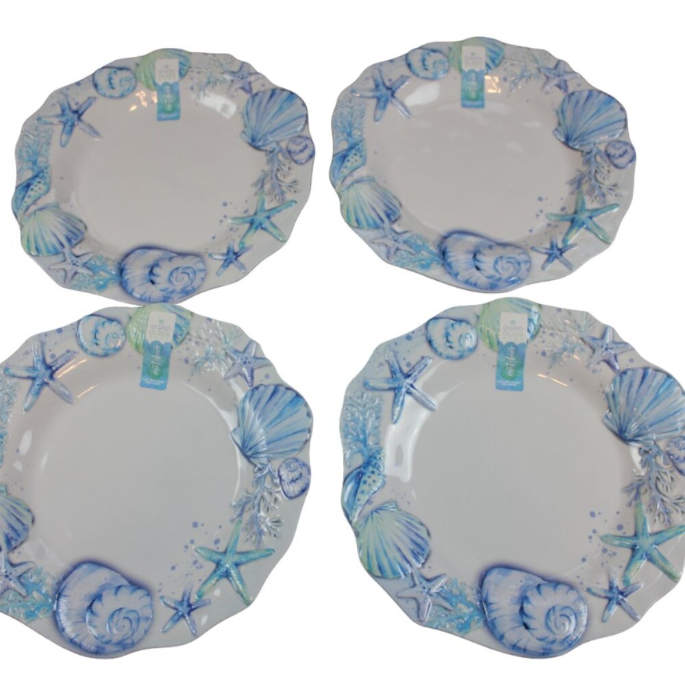 Sigrid Olsen Sea Shell White Blue Set of 4 11" Melamine Dinner Plates Beach NWT